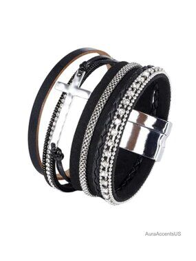 Handmade Boho Leather Wrap Bracelet with Cross Charm for Women
